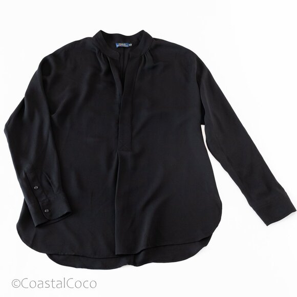 Polo Ralph Lauren M Split-Neck Top 100% Silk Black Relaxed Office Business - Picture 4 of 11